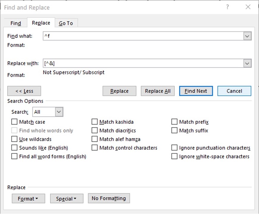 How to use the Find and Replace feature to change all your footnotes from superscript numbers to normal numbers enclosed in square brackets.