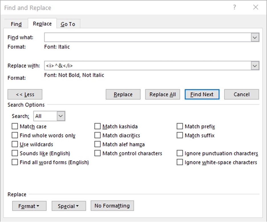 How to use the Find and Replace feature to code all your italic text using HTML.